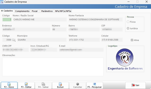 Tela de cadastro da empresa, com razão social, nome fantasia, endereço, contatos, dados fiscais e logotipo.