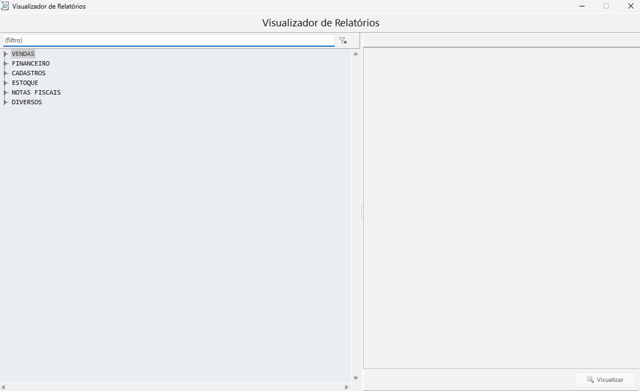 Tela do visualizador de relatórios, com os grupos de vendas, financeiro, cadastros, estoque e notas fiscais.